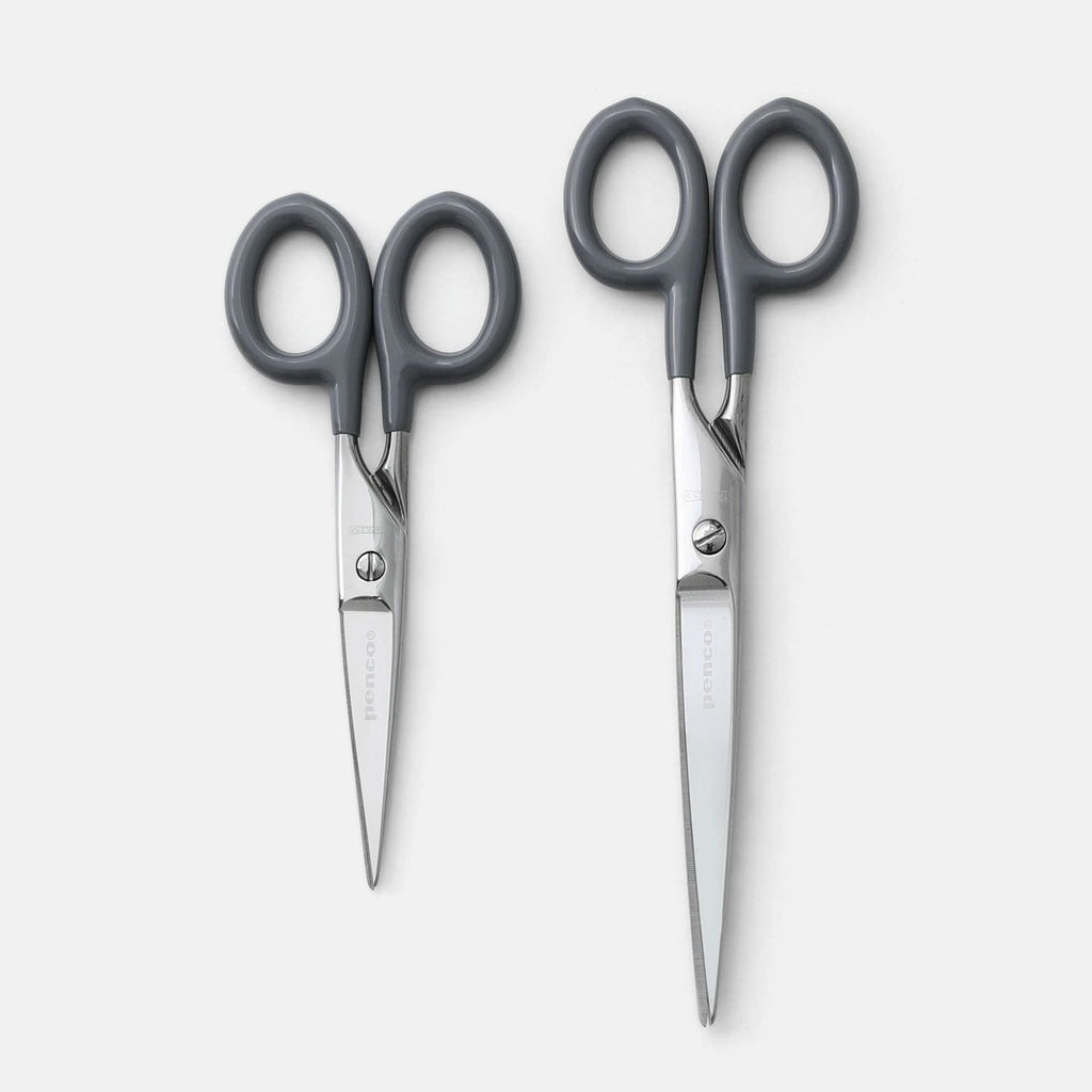 Deux paires de ciseaux Penco grises côte à côte. À gauche petit format, à droite grand format.