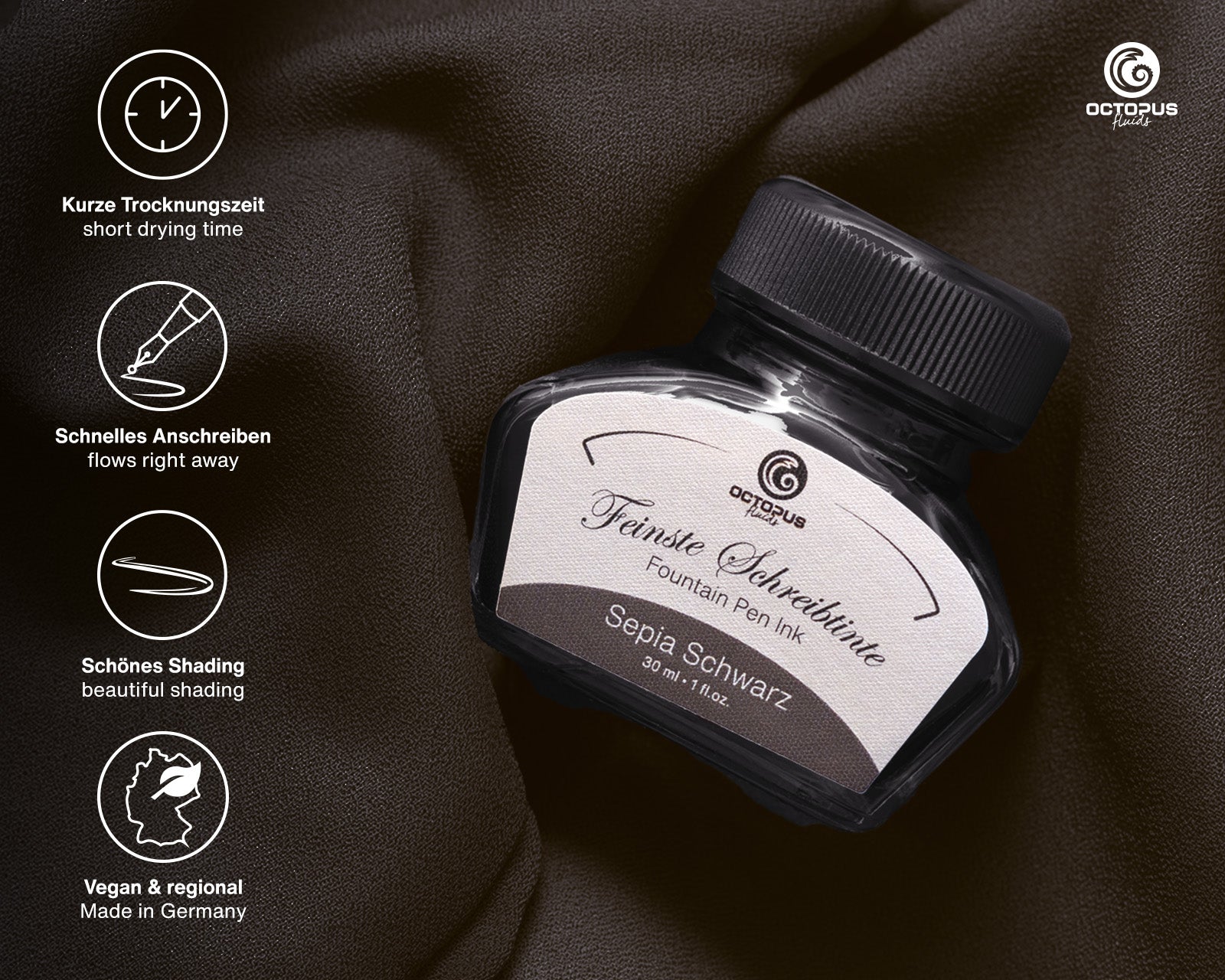 Encre Classique pour Stylo Plume Sepia Black 30ml Octopus